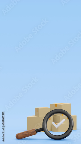 3D Tracking parcel in cardboard box. Order delivery confirmation. Track the parcel concept. Magnifying glass with check mark. Cartoon creative design icon isolated on white background. 3D Rendering