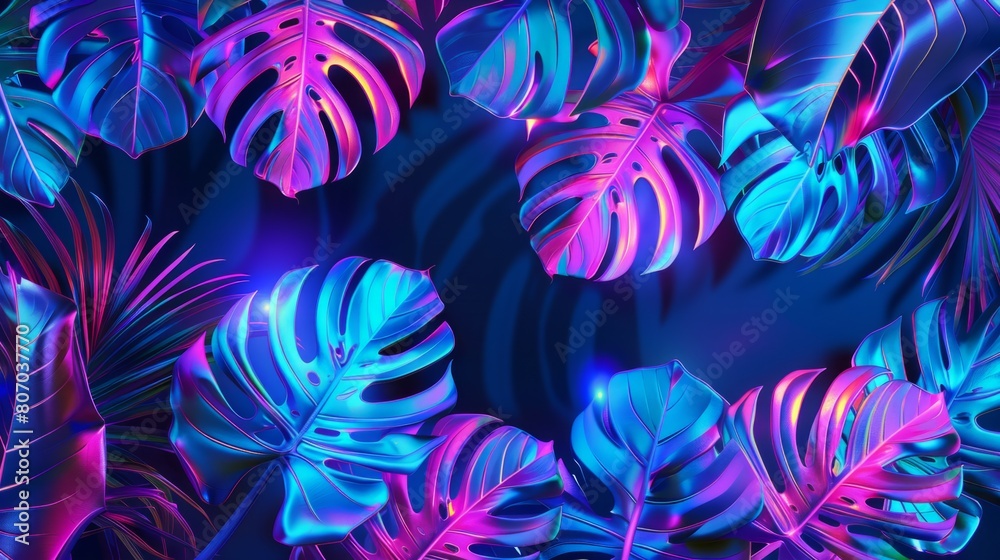 neon tropical monstera leaf generative ai