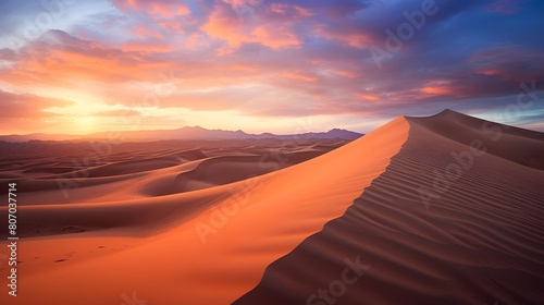 Sunset over sand dunes in the Sahara desert, Morocco. © Michelle