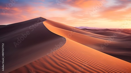 Panorama of sand dunes in the desert at sunset. 3d rendering