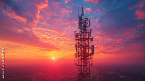 Communication tower during sunset, Silhouettes telecommunication tower on sunset background.