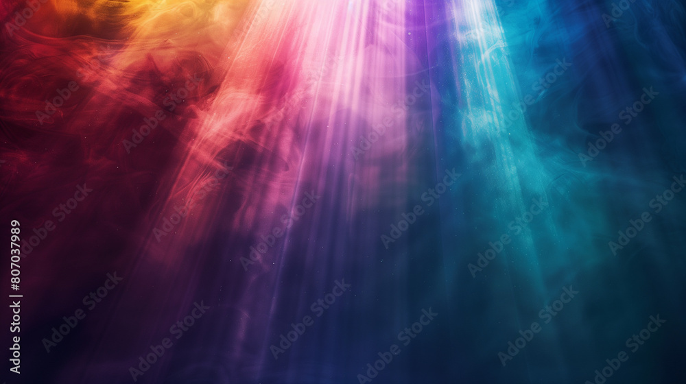 Majestic colored beams of light illuminating a empty dusty stage. Shiny festive background for product presentation or award ceremony. Copy space. Generative AI