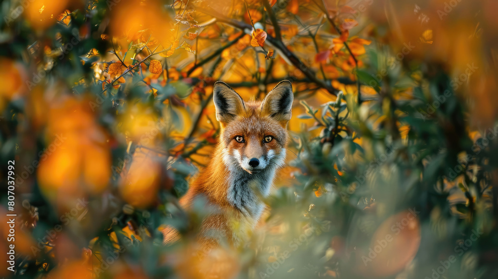 Obraz premium A red fox peeked out from behind the autumn leaves