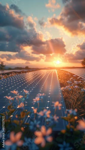 high-tech 3D model of solar panels with real time CO2 savings display, clean energy transition