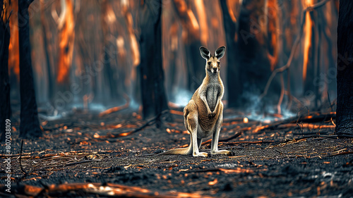 kangaroo stands in a burned down forest
