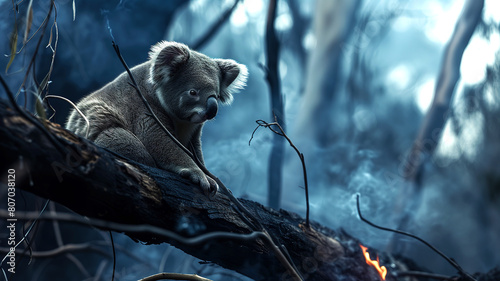 Koala in a tree in a burned down forest 