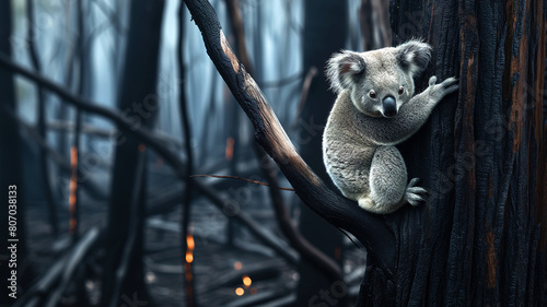 Koala in a tree in a burned down forest 