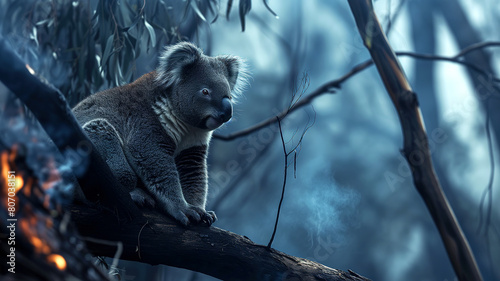Koala in a tree in a burned down forest 