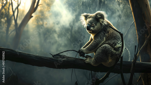 Koala in a tree in a burned down forest 