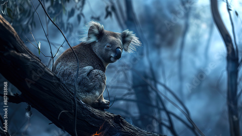 Koala in a tree in a burned down forest 