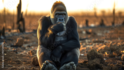 Gorilla sits in a burned down forest with sadness in his eyes