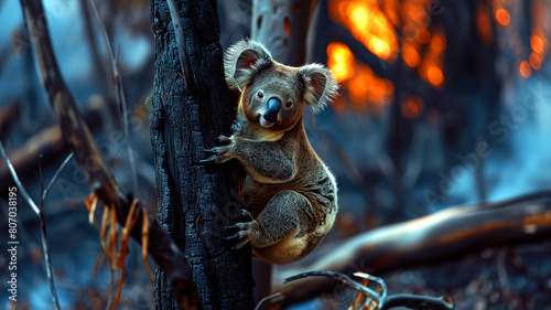 Koala in a tree with a forest fire in the background