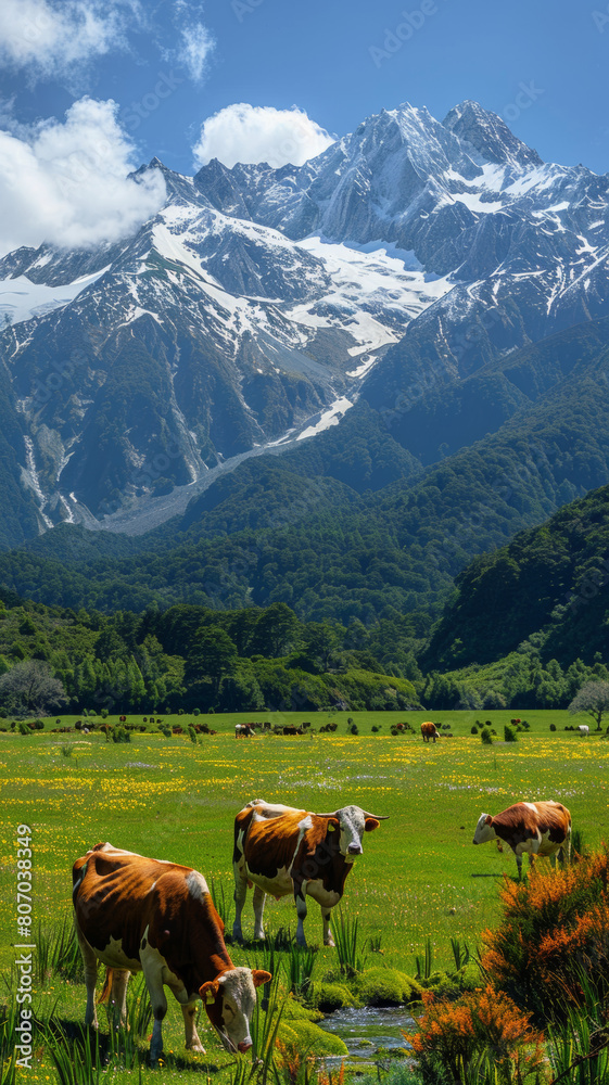 pâturage au pied des montagnes avec des vaches qui paissent