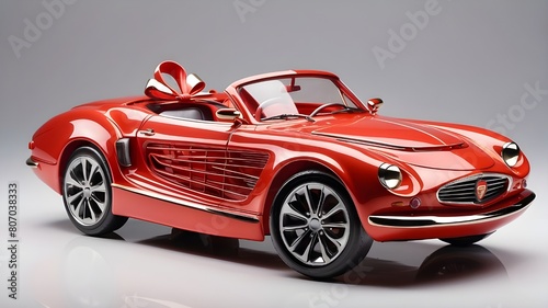 A car with a gift on top  sculptural in quality  light red  vibrant and energizing  shiny  anemoiacore  realistic forms