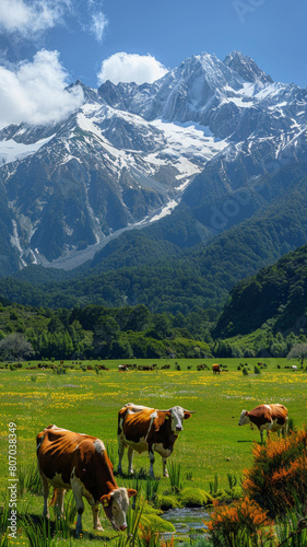 pâturage au pied des montagnes avec des vaches qui paissent