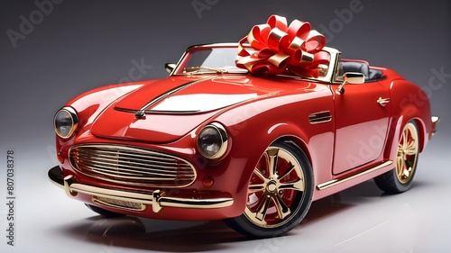 A car with a gift on top  sculptural in quality  light red  vibrant and energizing  shiny  anemoiacore  realistic forms