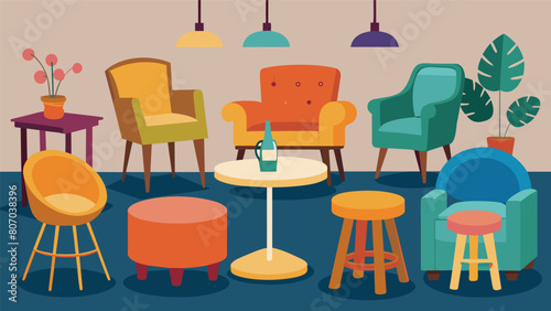 The seating options are a mix of mismatched chairs plush couches and bar stools giving the interior a bohemian feel. Vector illustration