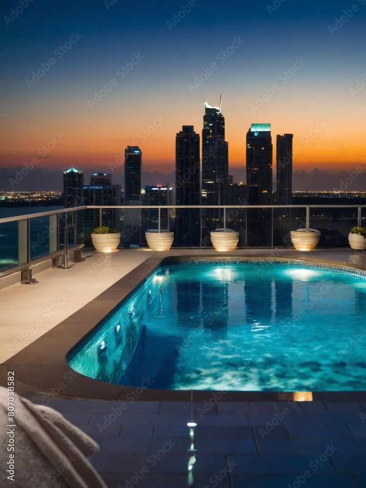 Explore urban elegance, on a penthouse terrace adorned with a luxurious swimming pool, commanding sweeping vistas of Miami's skyline and embodying the pinnacle of city living