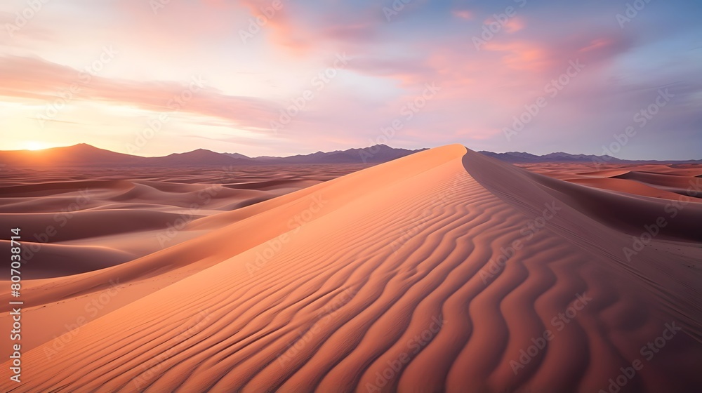 Desert sand dunes at sunset. Panoramic view.