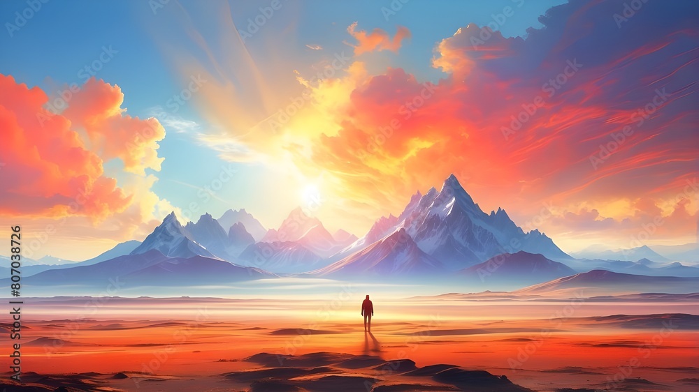 expansive view of an open terrain at morning, with a dazzling neon orange and yellow figure floating in the center and distant mountains, captivating clouds, and divine rays
