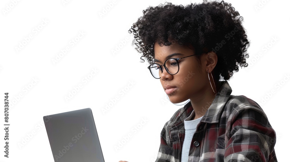 A Smart Young Mixed-Race Student Uses A Laptop, Isolated Against A White Background, Background HD For Designer        