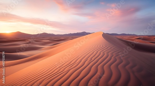 Desert sand dunes at sunset. Panoramic view.
