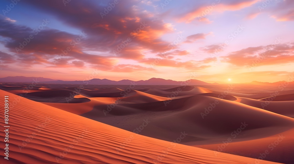 Panoramic view of sand dunes in the desert at sunset