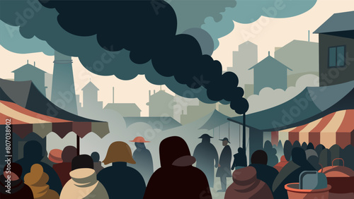 A thick fog of smoke engulfing a bustling market spreading whispers of a deadly product being sold that threatens the health and safety of the people..