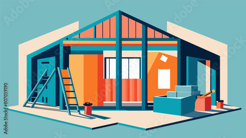Interior walls being installed in a prefabricated structure showcasing the precision and speed of premade building elements and the potential for. Vector illustration