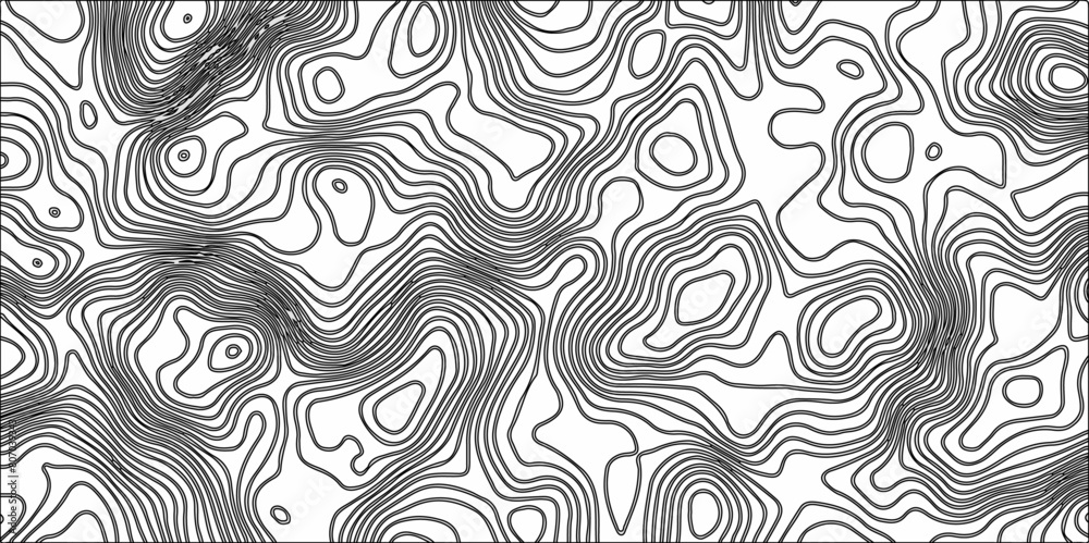 Abstract Black and White Line Contour Topography Pattern. Topographic Map wave curve lines banner background design. Paper Texture Imitation of a Geographical map shades .	