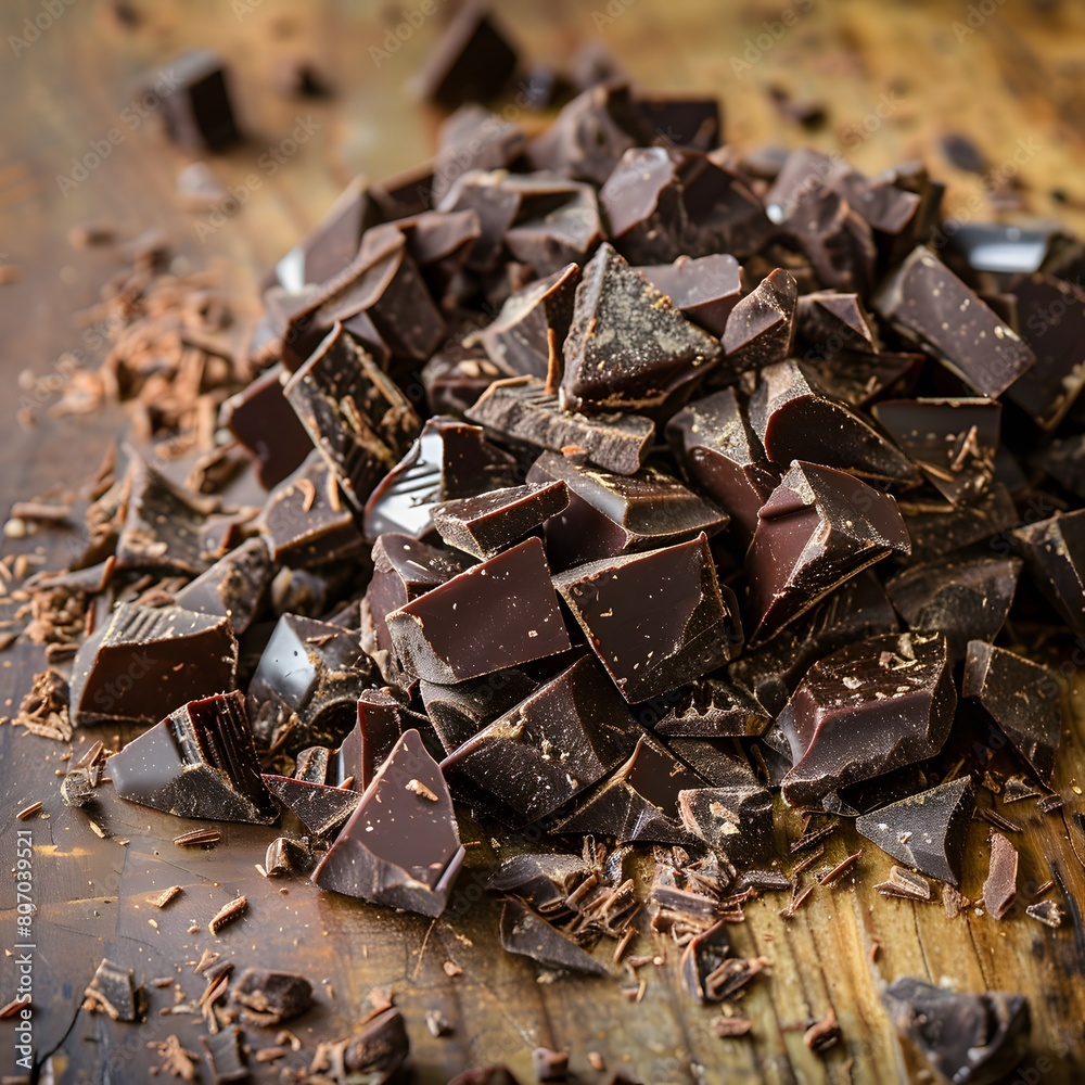 Deliciuos, chopped chocolate on a wood table