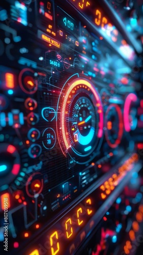 Futuristic dashboard monitoring global temperatures, vivid colors, climate crisis countdown, 3D tech render