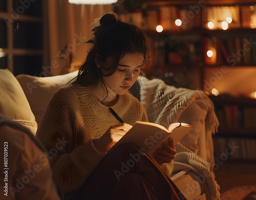 Girl writing in a white book, sitting on a cozy sofa