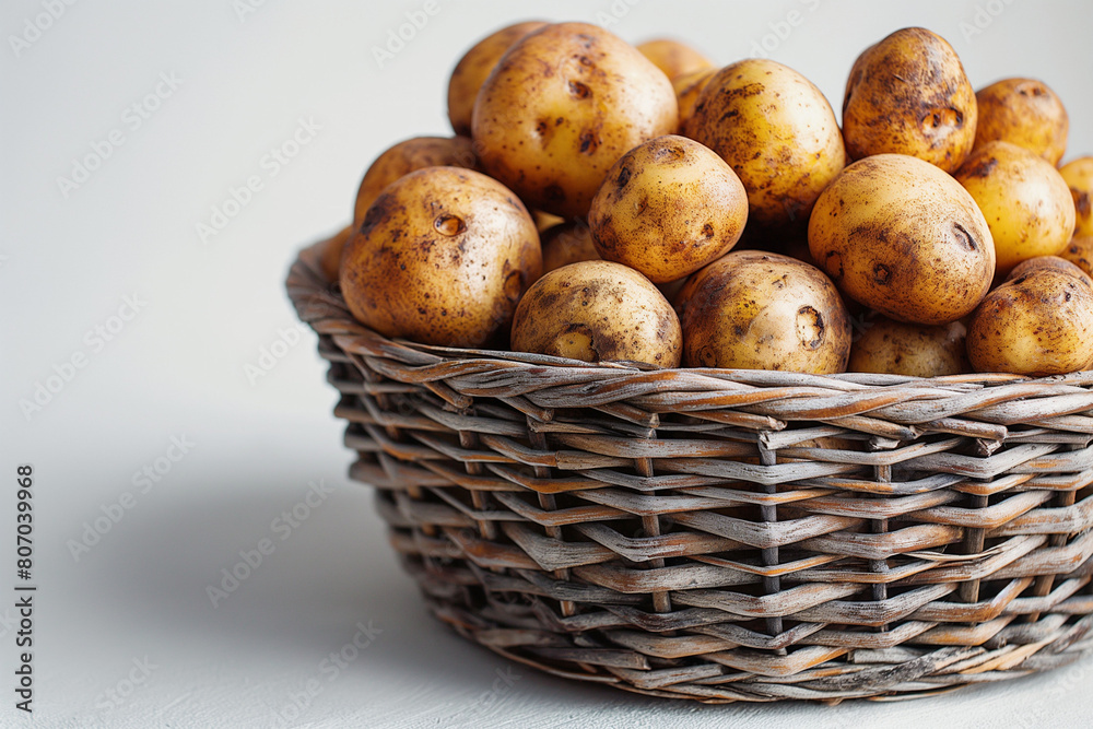 A basket filled with fresh potatoes on a white background, for raw, natural state of the produce. Perfect for agricultural content or cooking tutorials focused on organic ingredients. A basket filled with fresh potatoes on a white background, for raw, natural state of the produce. Perfect for agricultural content or cooking tutorials focused on organic ingredients.