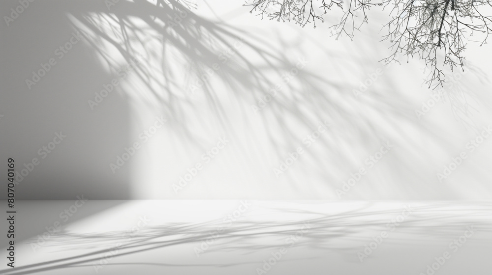 Stylish minimal white background with delicate leaf shadows on wall. Empty copy space for product presentation. Generative AI
Stylish minimal white background with delicate leaf shadows on wall. Empty copy space for product presentation. Generative AI