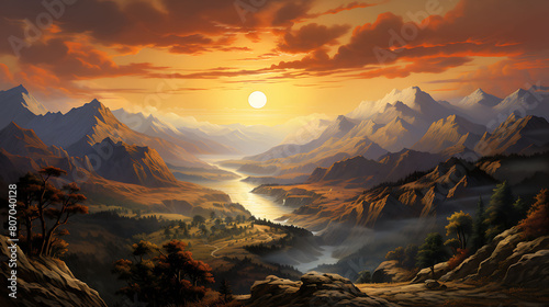 Sunset Over the Mountains  Describe the vibrant hues as the sun dips below the rugged peaks.