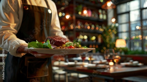 A Waiter Carries Plates With A Meat Dish, Background HD For Designer        