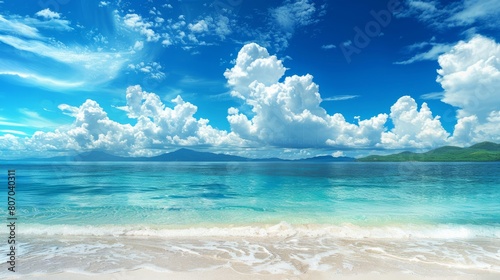 Beautiful empty tropical sea ocean beach with white clouds on blue sky background generative ai