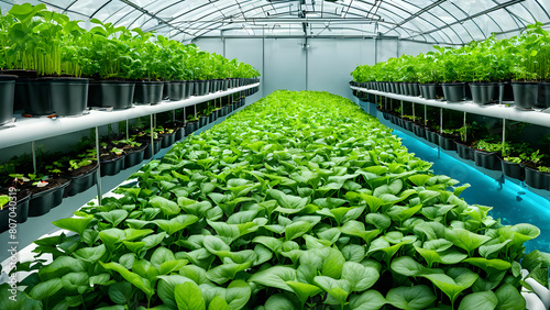 An aquaponics greenhouse filled with thriving plants and fish, aquaponics gardening photo