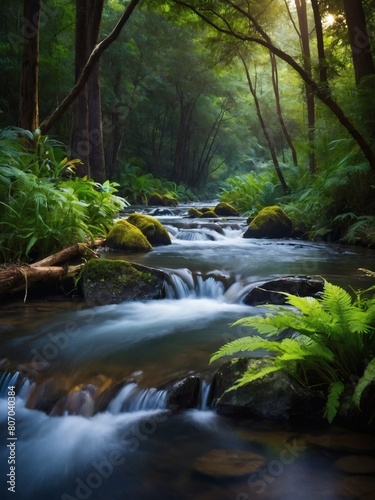 Forest stream oasis  Journey into a secluded oasis nestled within a dense forest  where a babbling stream provides a soothing soundtrack to the symphony of nature