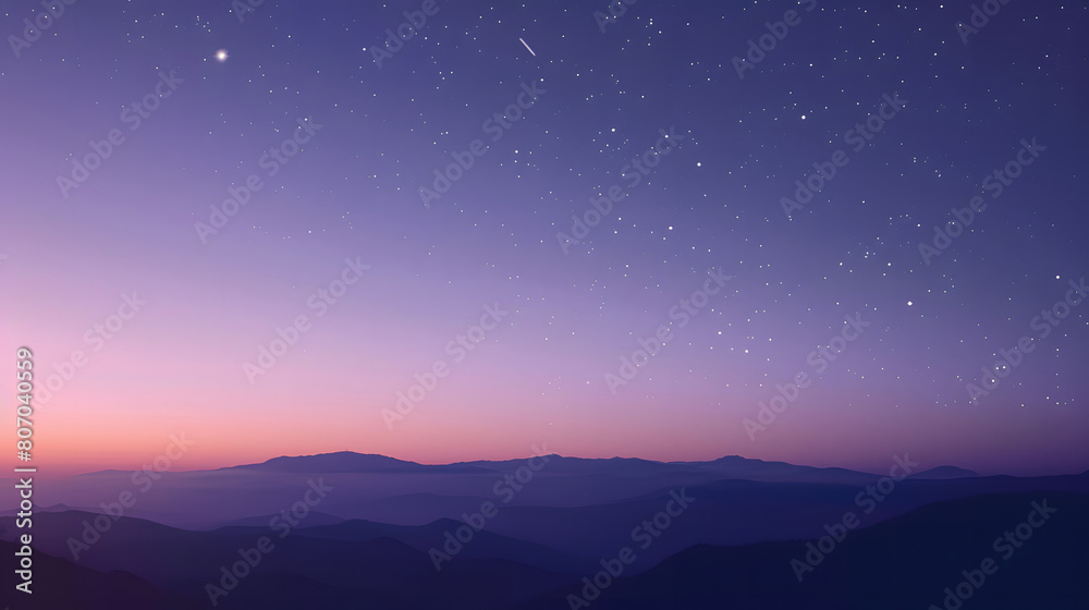 the sky at dawn before sunrise with gradations of purple to pastel colors, with silhouettes of hills