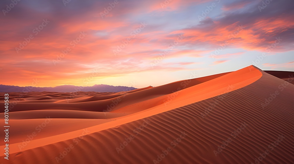 Sunset in the desert. Panoramic view of sand dunes.