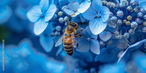 Macro Detail of Honeybee on Blue Hydrangea: Pollination Process, Vibrant Floral Background, Nature Close-up, Insect and Flower Interaction photo