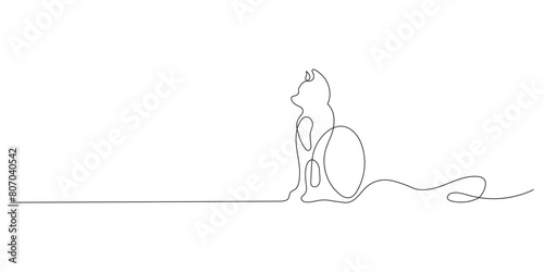 Cute cat line, pet online continuous hand drawn vector objects. The cat is sitting on the floor. Cute kitten one line art. Vector illustration