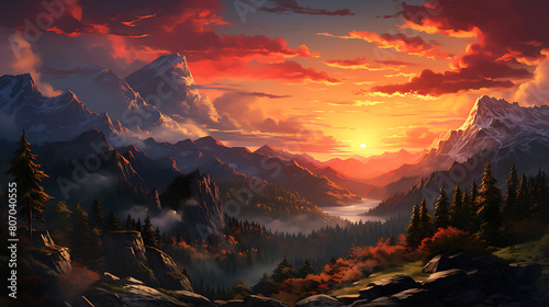 Sunset Over the Mountains: Describe the vibrant hues as the sun dips below the rugged peaks. photo