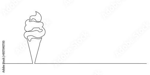 Ice cream in a waffle cone in one line. Dessert ice cream symbol for menu and business card design in simple linear style. Vector minimalistic graphics