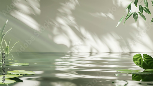 Tranquil Water Surface with Soft Leaf Shadows. Empty copy space for product presentations. Generative AI