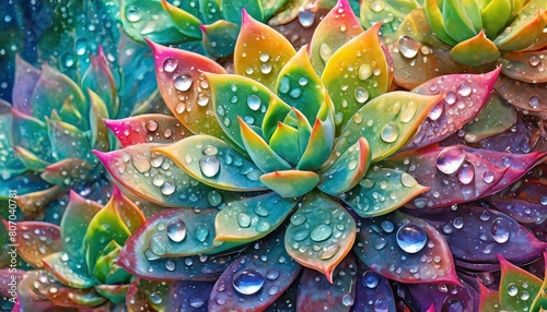 カラフルな多肉植物の葉っぱに付く、宝石のような水滴のイメージイラスト photo