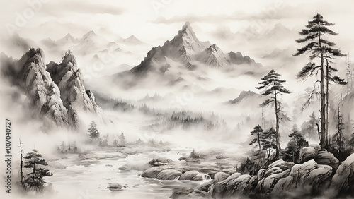 GInk wash painting: A tranquil, misty mountain landscape, with towering peaks, meandering rivers, and ancient pine trees, all rendered in the atmospheric, monochromatic style  photo