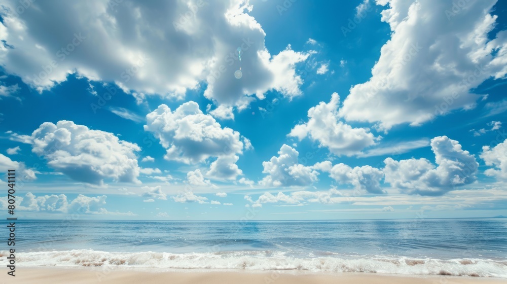 Beautiful empty tropical sea ocean beach with white clouds on blue sky background generative ai